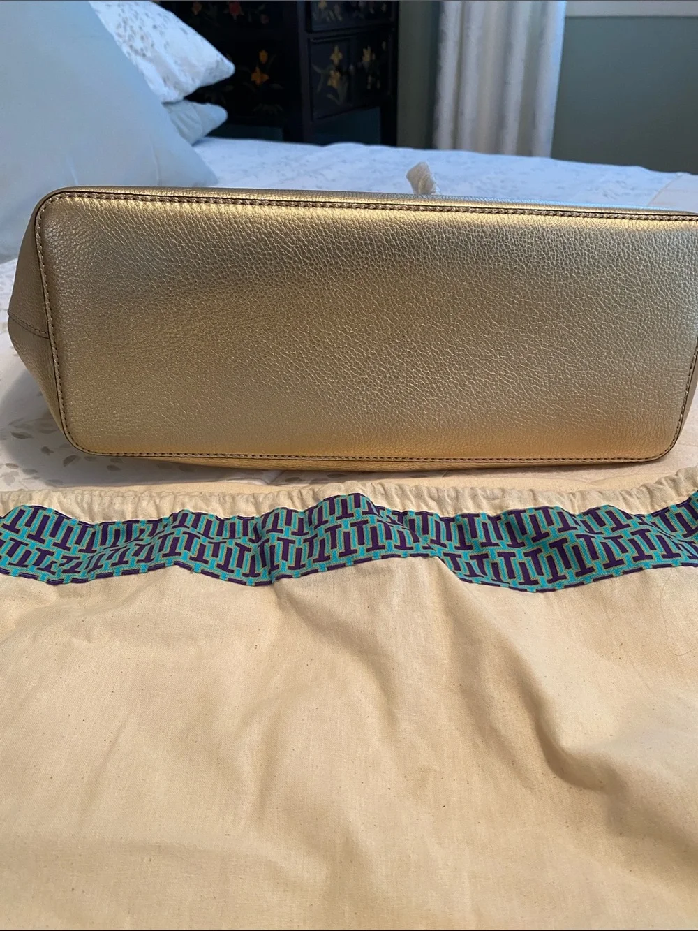NWT Tory Burch Metallic Gold Leather Tote with Tassel Charm
